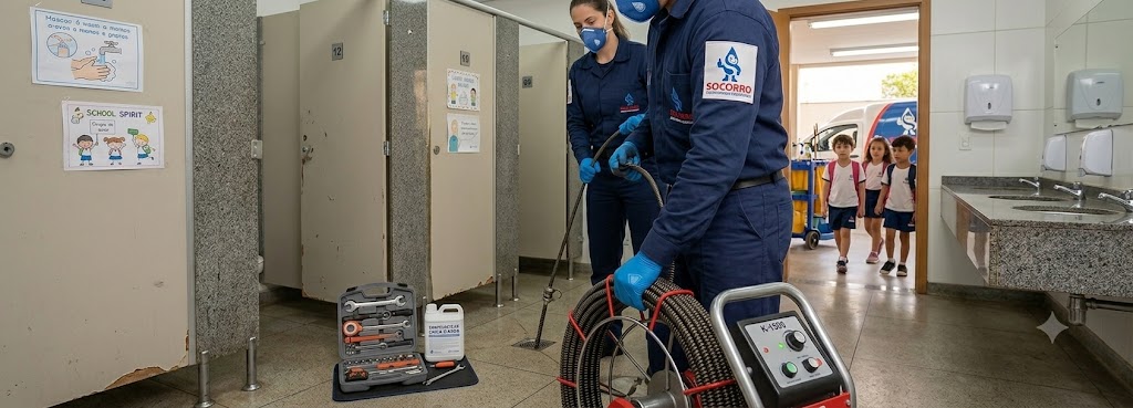 Profissional realizando Desentupimento e Manutenção Preventiva para Escolas, Colégios e Creches em Tijucas