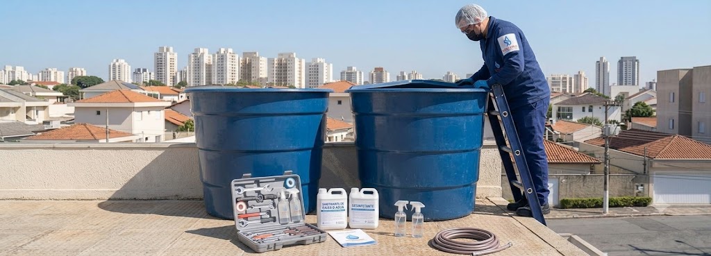 Profissional realizando Imunização e Desinfecção Bacteriológica de Caixas D'água em Tijucas